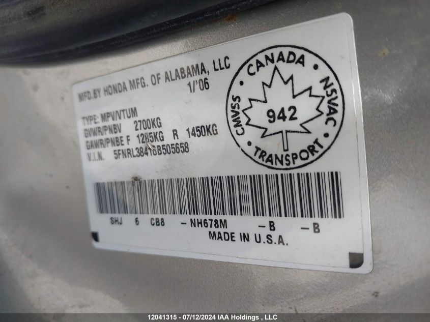 2006 Honda Odyssey VIN: 5FNRL38416B505658 Lot: 12041315