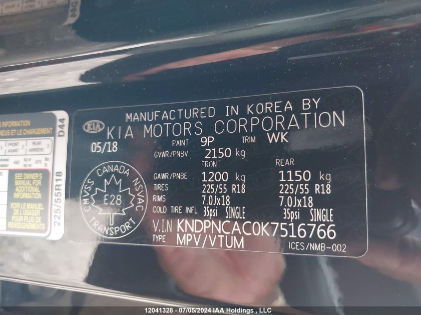 2019 Kia Sportage VIN: KNDPNCAC0K7516766 Lot: 12041328