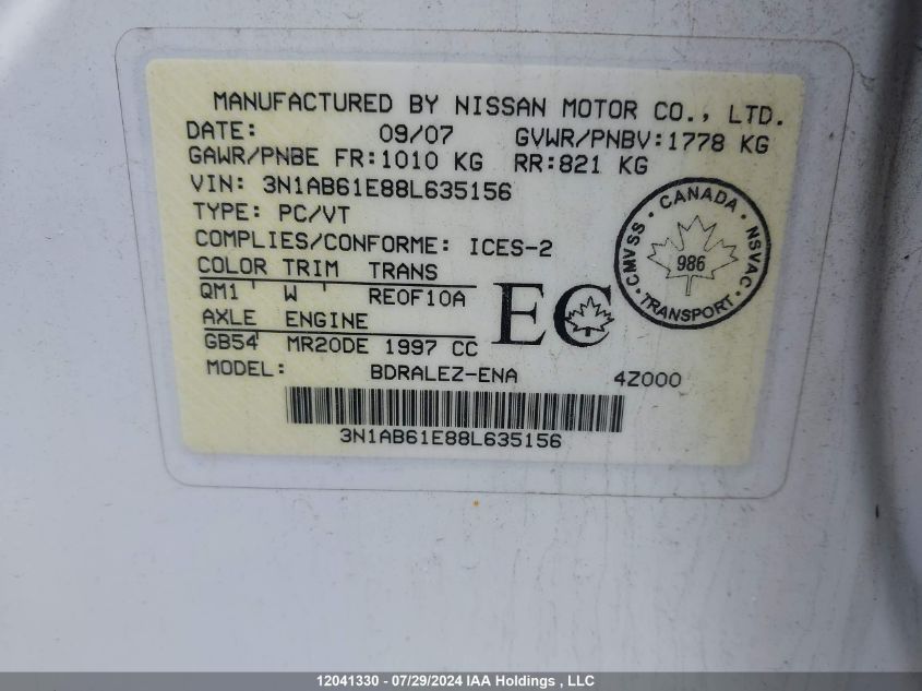 2008 Nissan Sentra VIN: 3N1AB61E88L635156 Lot: 12041330