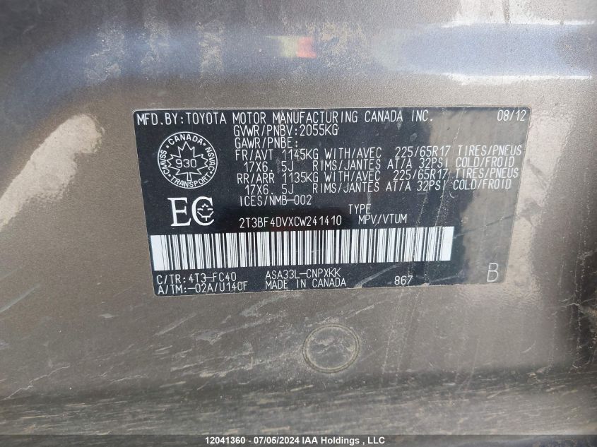 2012 Toyota Rav4 VIN: 2T3BF4DVXCW241410 Lot: 12041360