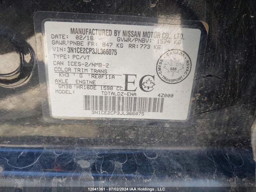 2018 Nissan Versa Note Sv VIN: 3N1CE2CP3JL366075 Lot: 12041361