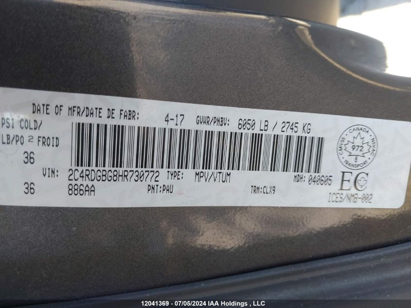 2017 Dodge Grand Caravan Se VIN: 2C4RDGBG8HR730772 Lot: 12041369