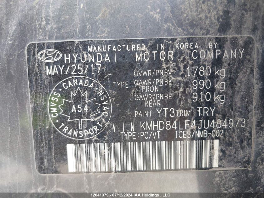 2018 Hyundai Elantra Gls VIN: KMHD84LF4JU484973 Lot: 12041379