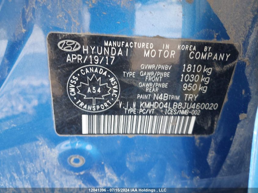 2018 Hyundai Elantra Sport Tech VIN: KMHD04LB8JU460020 Lot: 12041396