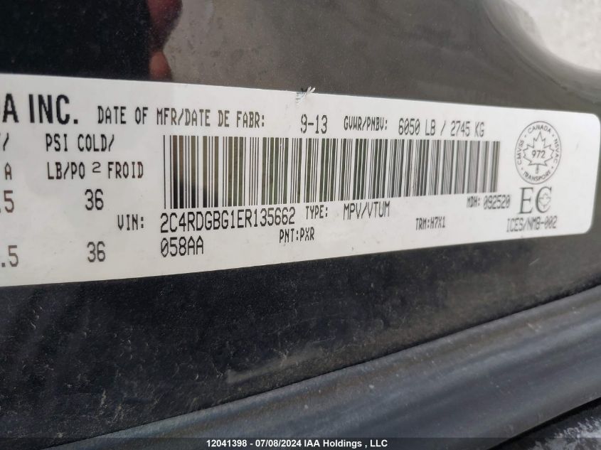 2014 Dodge Grand Caravan Se VIN: 2C4RDGBG1ER135662 Lot: 12041398