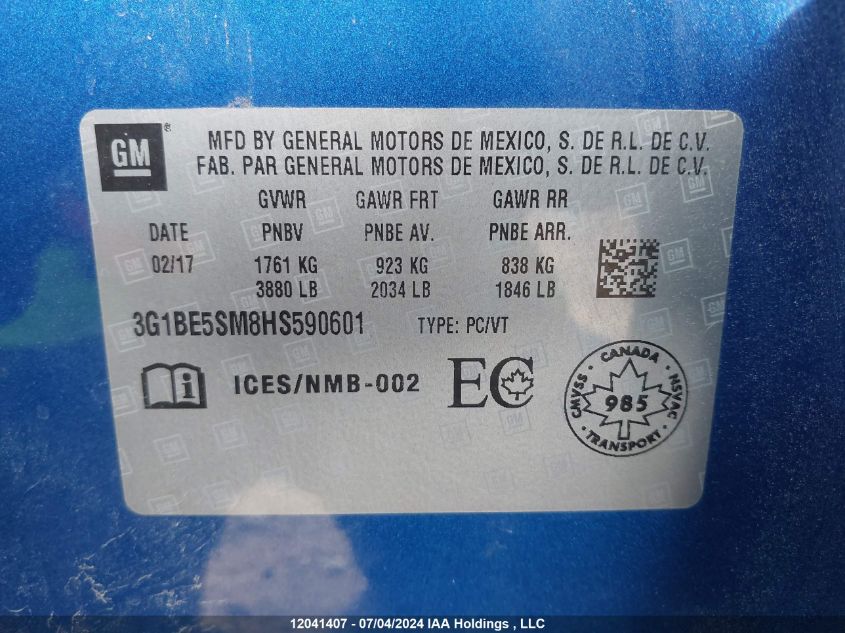 2017 Chevrolet Cruze Lt VIN: 3G1BE5SM8HS590601 Lot: 12041407