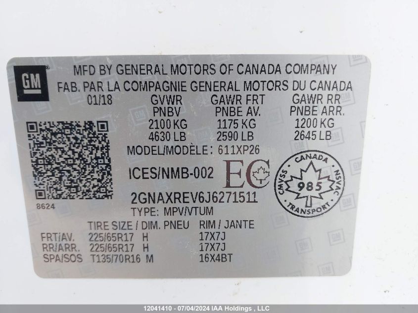 2018 Chevrolet Equinox VIN: 2GNAXREV6J6271511 Lot: 12041410