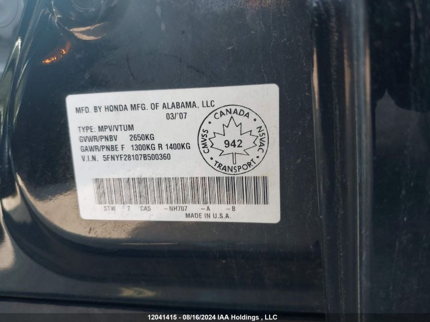 2007 Honda Pilot VIN: 5FNYF28107B500360 Lot: 12041415