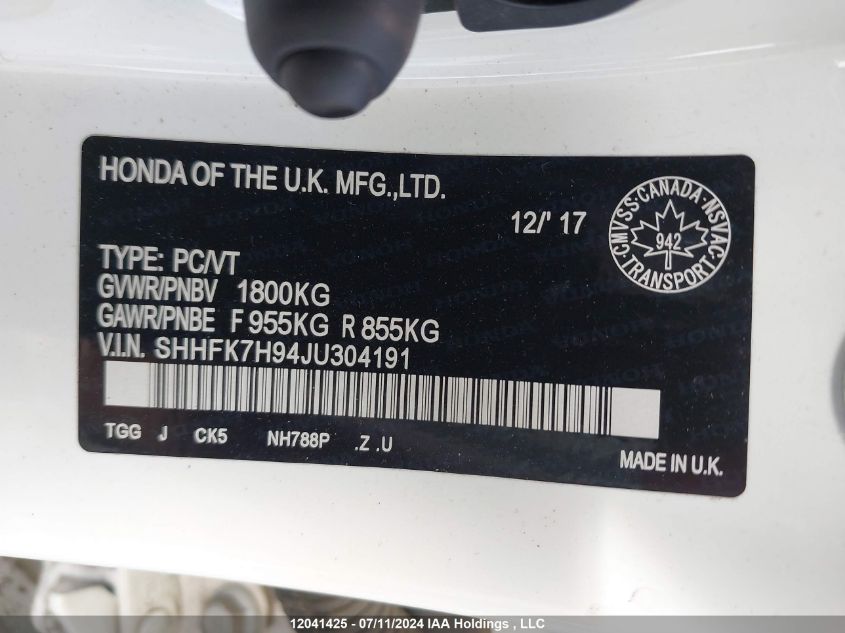 2018 Honda Civic Hatchback VIN: SHHFK7H94JU304191 Lot: 12041425