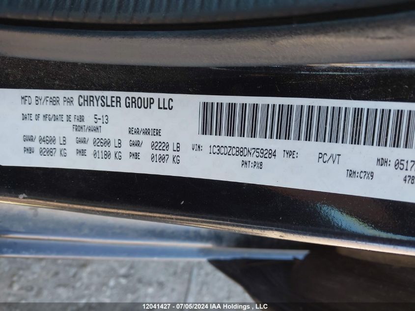 2013 Dodge Avenger Sxt VIN: 1C3CDZCB8DN759284 Lot: 12041427