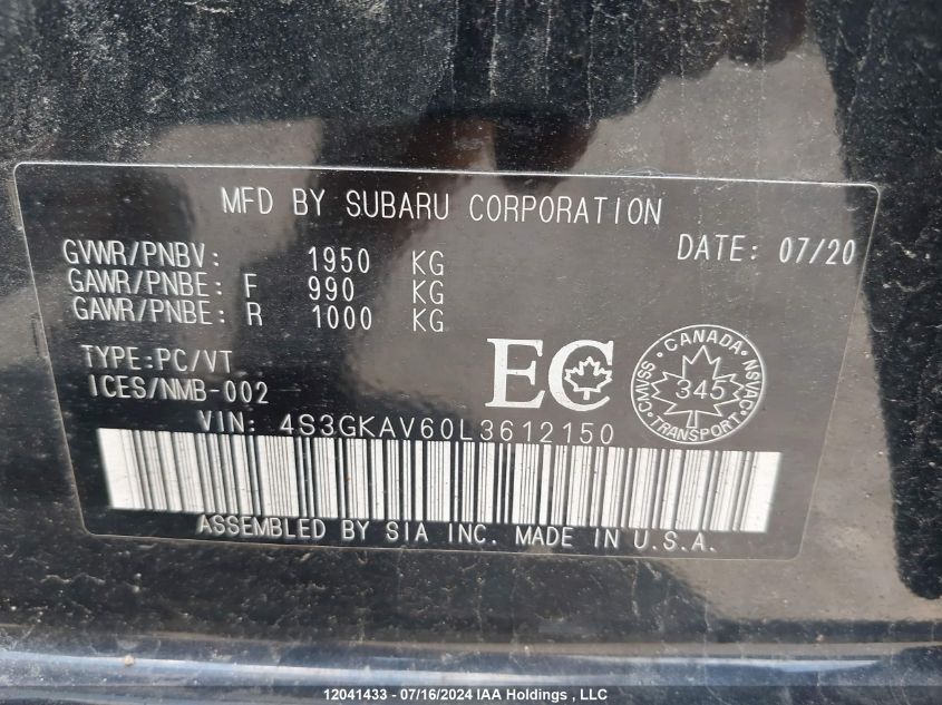 2020 Subaru Impreza VIN: 4S3GKAV60L3612150 Lot: 12041433