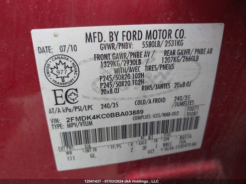 2011 Ford Edge Limited VIN: 2FMDK4KC0BBA03889 Lot: 12041437