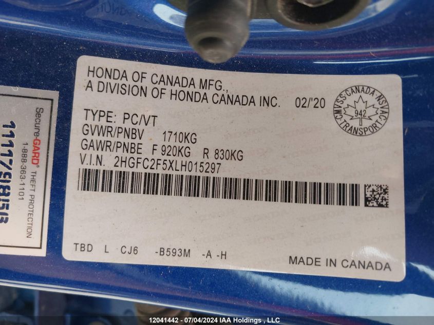 2020 Honda Civic Sedan VIN: 2HGFC2F5XLH015297 Lot: 12041442