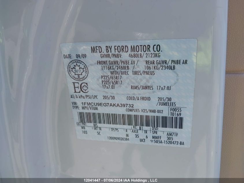 2010 Ford Escape VIN: 1FMCU9EG7AKA39732 Lot: 12041447