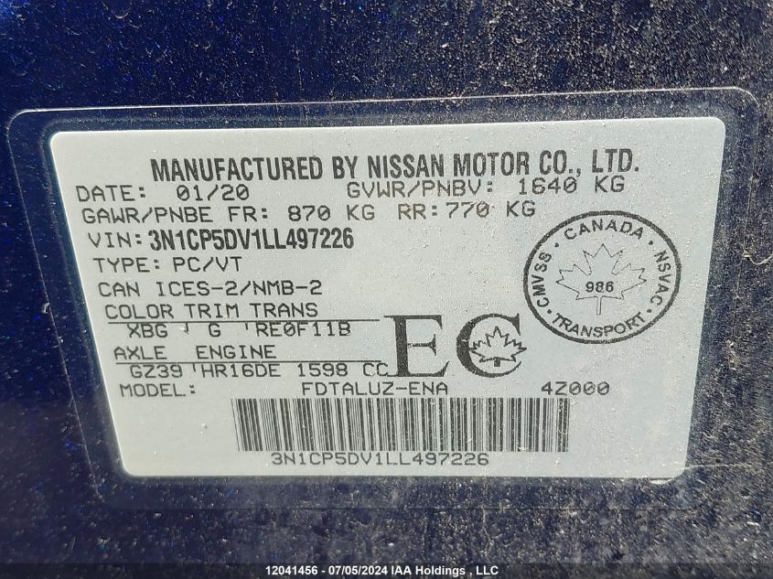 2020 Nissan Kicks VIN: 3N1CP5DV1LL497226 Lot: 12041456