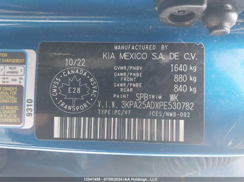 2023 Kia Rio VIN: 3KPA25ADXPE530782 Lot: 12041459