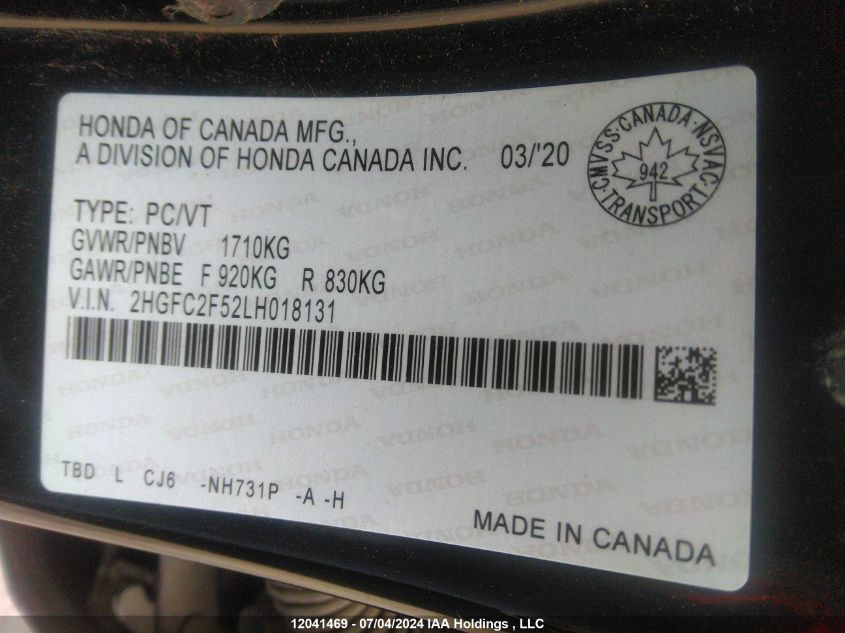 2020 Honda Civic Sedan VIN: 2HGFC2F52LH018131 Lot: 12041469