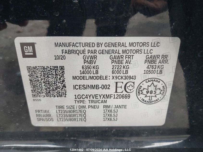 2021 Chevrolet Silverado 3500Hd VIN: 1GC4YVEYXMF120669 Lot: 12041482