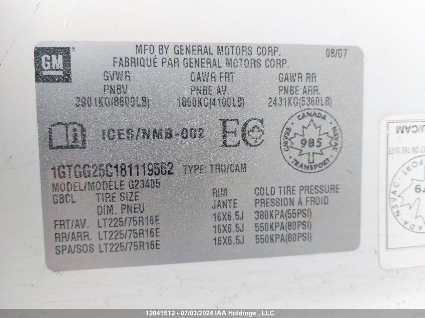 2008 GMC Savana G2500 VIN: 1GTGG25C181119562 Lot: 12041512
