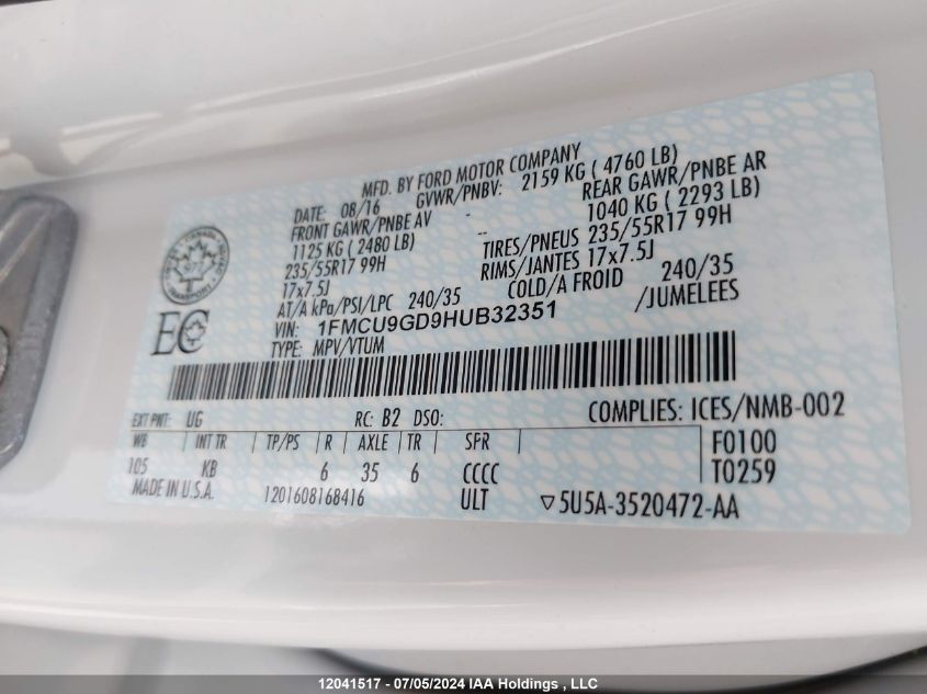 2017 Ford Escape VIN: 1FMCU9GD9HUB32351 Lot: 12041517