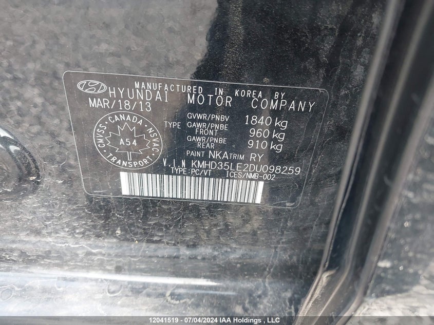 2013 Hyundai Elantra Gt Gls VIN: KMHD35LE2DU098259 Lot: 12041519