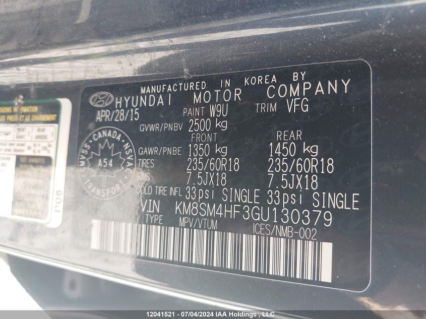 2016 Hyundai Santa Fe Se VIN: KM8SM4HF3GU130379 Lot: 12041521