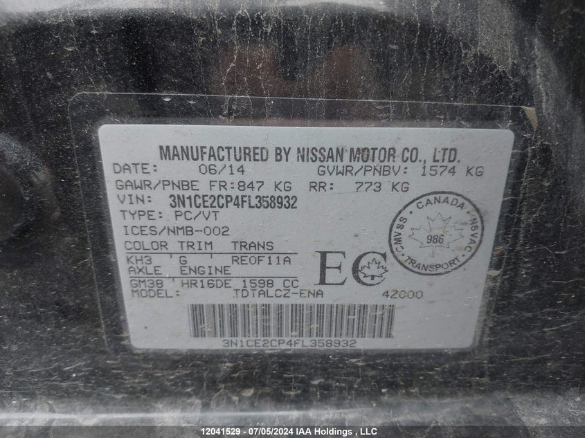 2015 Nissan Versa Note VIN: 3N1CE2CP4FL358932 Lot: 12041529