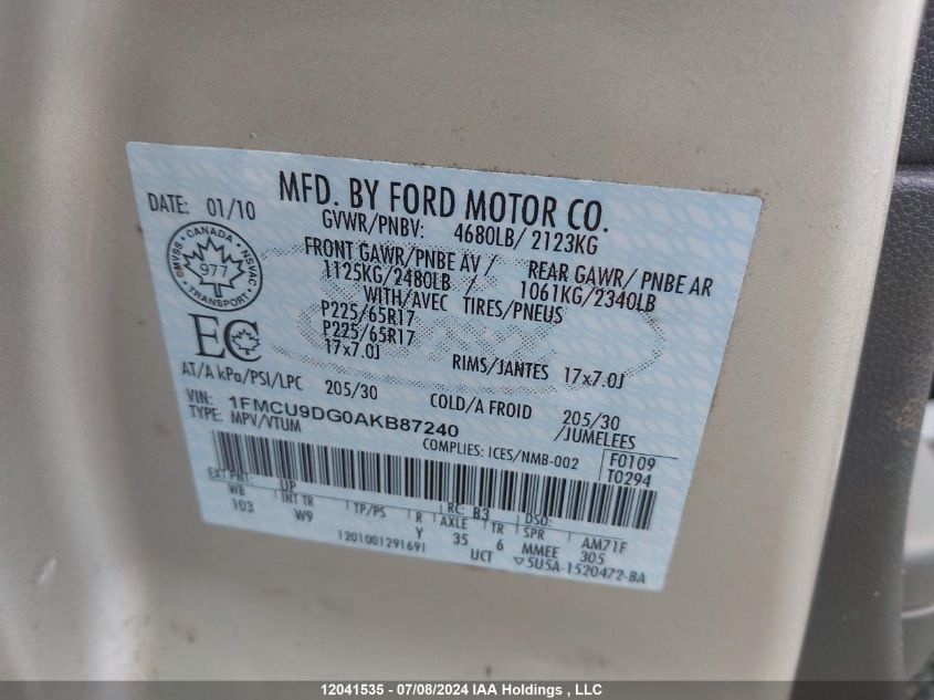 2010 Ford Escape Xlt VIN: 1FMCU9DG0AKB87240 Lot: 12041535