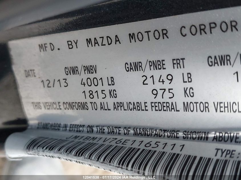 2014 Mazda Mazda3 VIN: JM1BM1V76E1165111 Lot: 12041538