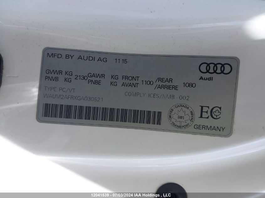 2016 Audi A5 VIN: WAUM2AFRXGA030521 Lot: 12041539