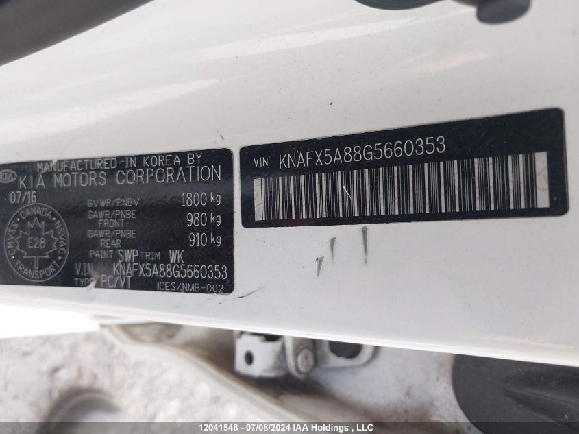 2016 Kia Forte 5-Door VIN: KNAFX5A88G5660353 Lot: 12041548