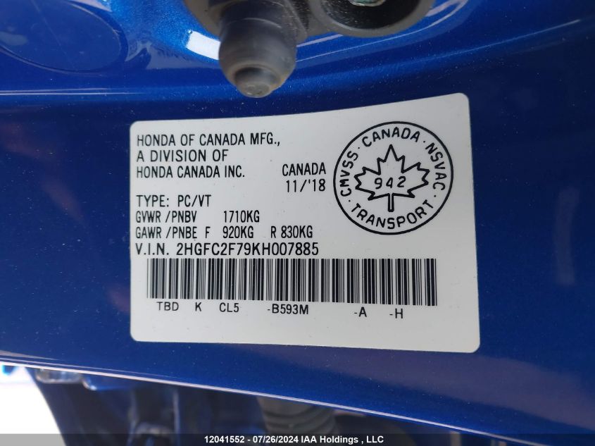 2019 Honda Civic VIN: 2HGFC2F79KH007885 Lot: 12041552