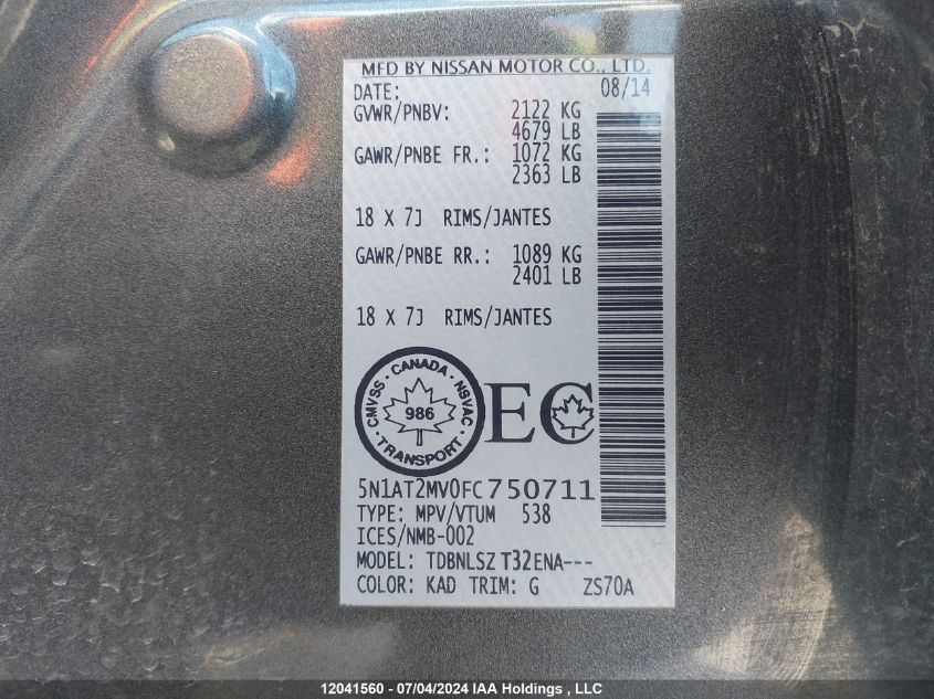 2015 Nissan Rogue VIN: 5N1AT2MV0FC750711 Lot: 12041560