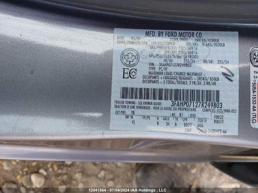 2007 Ford Fusion Se VIN: 3FAHP07127R249803 Lot: 12041564