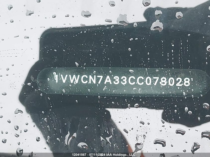 2012 Volkswagen Passat VIN: 1VWCN7A33CC078028 Lot: 12041567