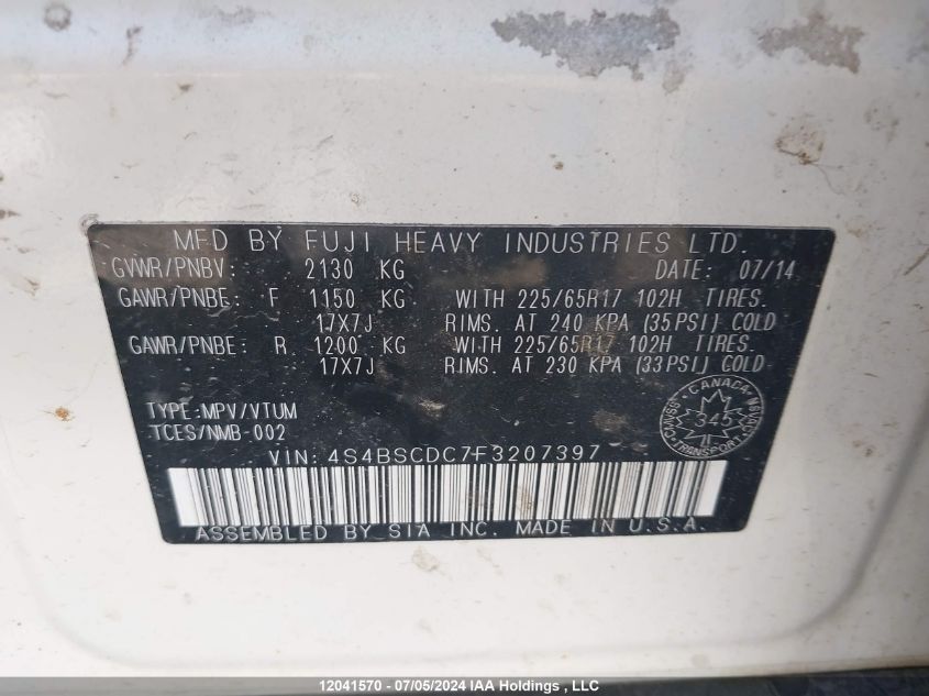 2015 Subaru Outback 2.5I Premium VIN: 4S4BSCDC7F3207397 Lot: 12041570