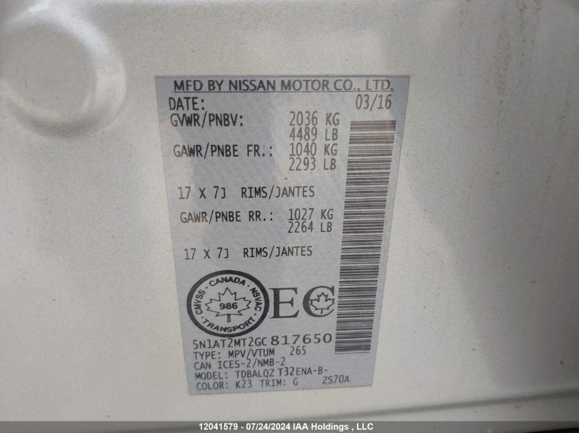 2016 Nissan Rogue VIN: 5N1AT2MT2GC817650 Lot: 12041579