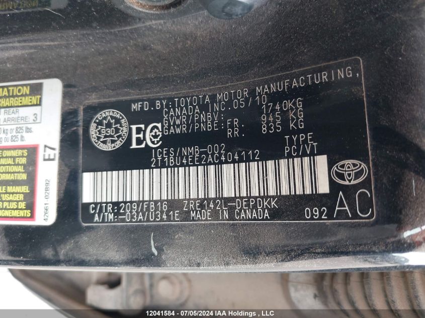 2010 Toyota Corolla Ce VIN: 2T1BU4EE2AC404112 Lot: 12041584