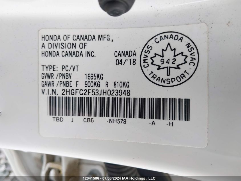 2018 Honda Civic Lx VIN: 2HGFC2F53JH023948 Lot: 12041586