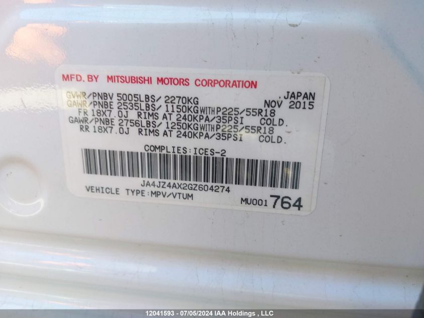 2016 Mitsubishi Outlander VIN: JA4JZ4AX2GZ604274 Lot: 12041593