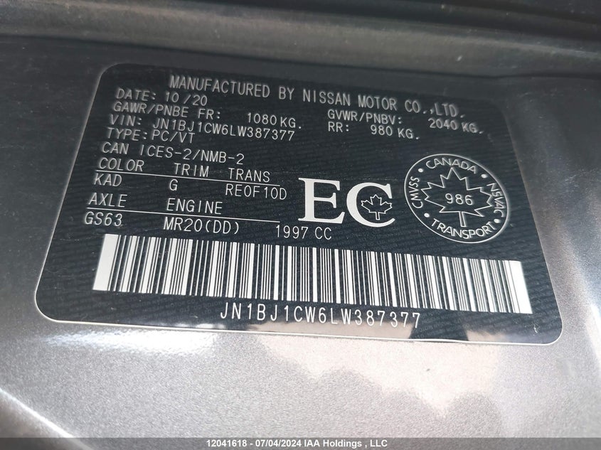 2020 Nissan Rogue Sport S/Sv/Sl VIN: JN1BJ1CW6LW387377 Lot: 12041618