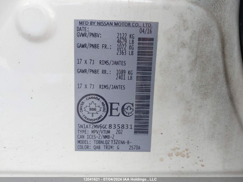 2016 Nissan Rogue VIN: 5N1AT2MV6GC835831 Lot: 12041621