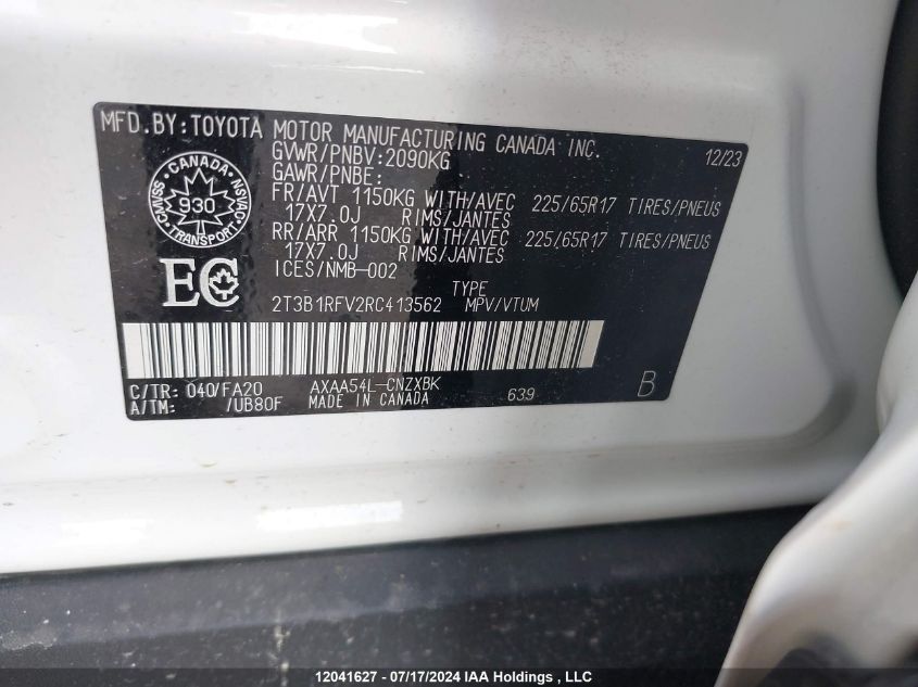 2024 Toyota Rav4 Le VIN: 2T3B1RFV2RC413562 Lot: 12041627