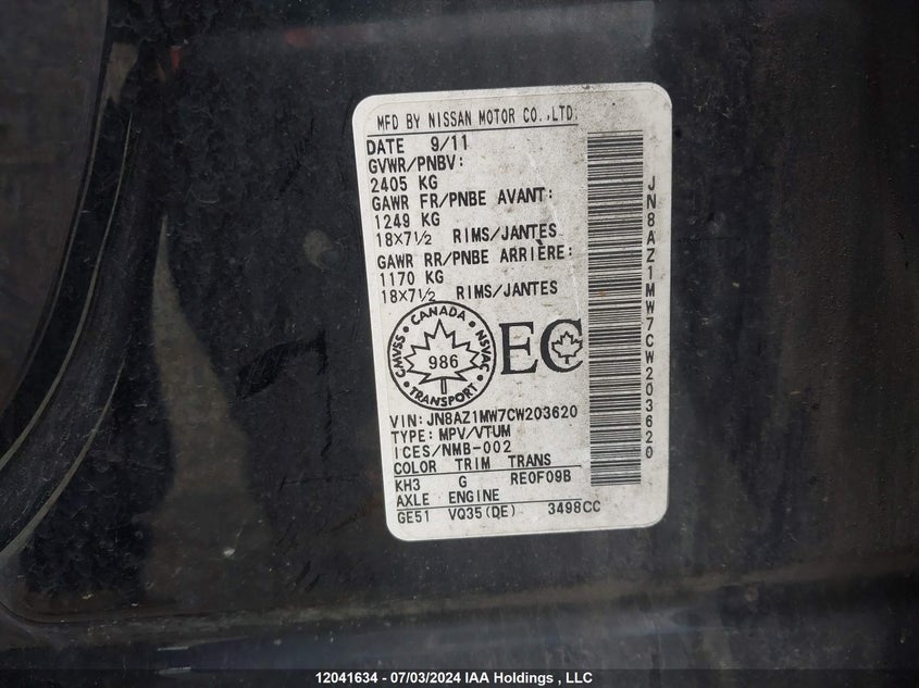 2012 Nissan Murano Sv VIN: JN8AZ1MW7CW203620 Lot: 12041634