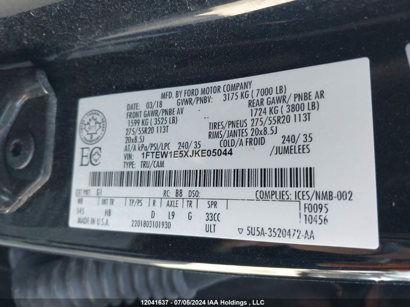 2018 Ford F150 Supercrew VIN: 1FTEW1E5XJKE05044 Lot: 12041637