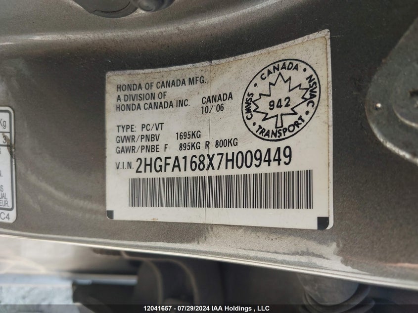 2007 Honda Civic VIN: 2HGFA168X7H009449 Lot: 12041657