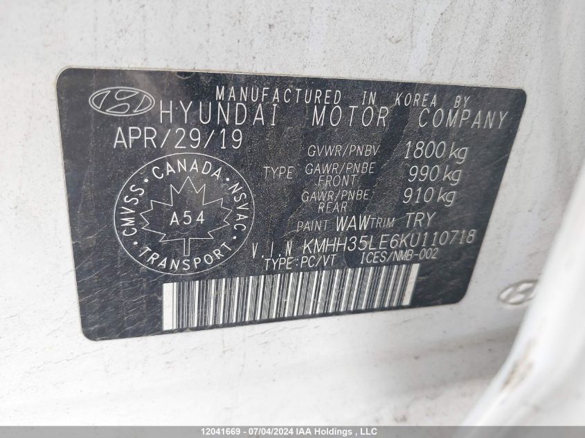 2019 Hyundai Elantra Gt Preferred VIN: KMHH35LE6KU110718 Lot: 12041669