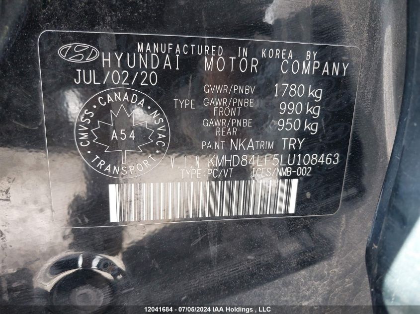 2020 Hyundai Elantra Sel/Value/Limited VIN: KMHD84LF5LU108463 Lot: 12041684