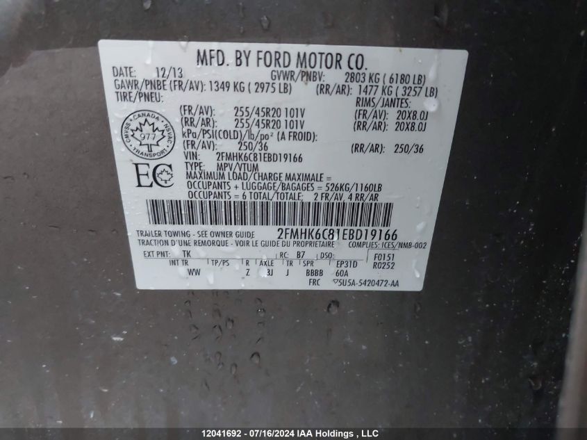 2014 Ford Flex VIN: 2FMHK6C81EBD19166 Lot: 12041692