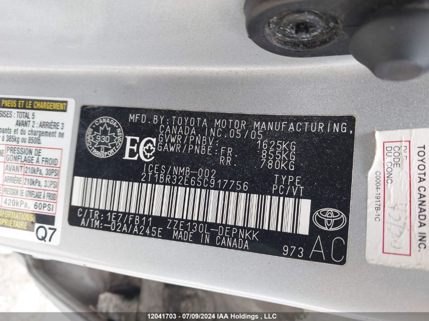 2005 Toyota Corolla Ce/Le/S VIN: 2T1BR32E65C917756 Lot: 12041703